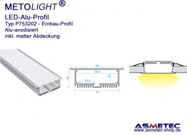 LED-Aluminium Profil P753202, anodisiert, 90 mm breit, 32 mm tief, 2 m lang, Einbauprofil